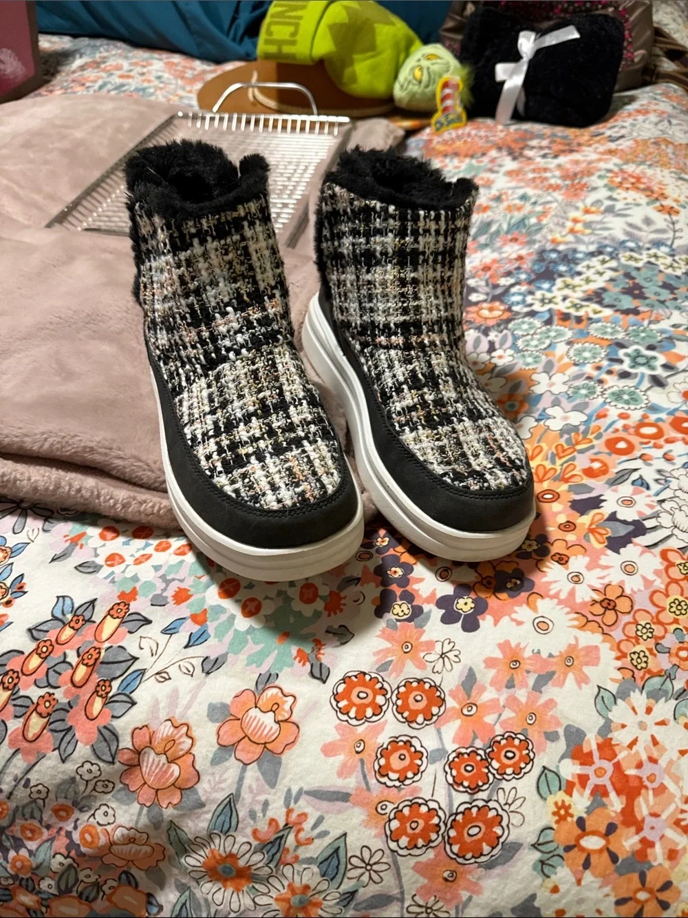 Hey Dude Black and White Tweed Ankle Booties with Faux Fur Trim